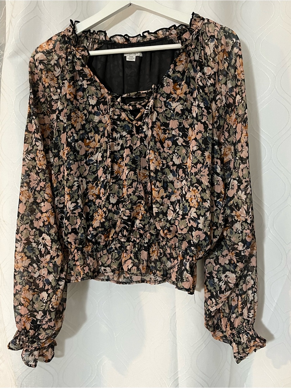 American Eagle Outfitters Black Floral Lace-Up Peasant Blouse